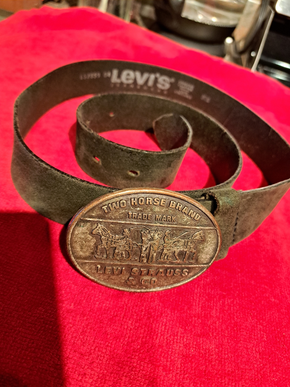 Levi's Green Suede Belt with Bronze Two Horse Oval Buckle
